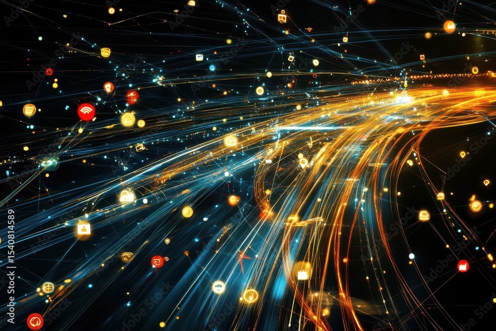 Poster network of digital connections illuminated by vibrant light trails across a dark background, network