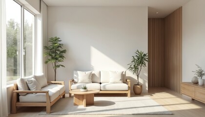 Modern minimalist living room design. Neutral tones, wooden furniture, plants create cozy atmosphere. Scandinavian style, natural light, large window. Interior decor, home design, comfort,