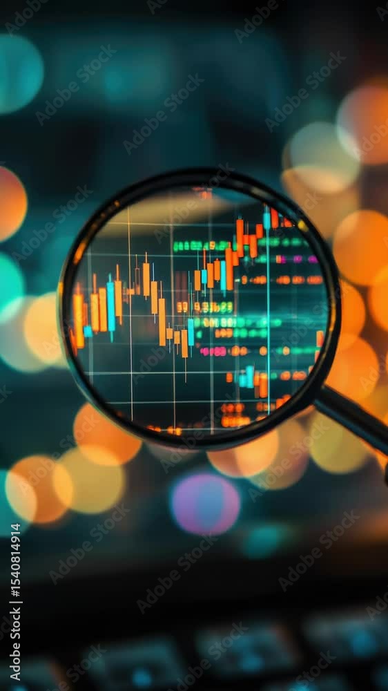 Poster a magnifying glass with a stock chart, suitable for use in financial or business contexts