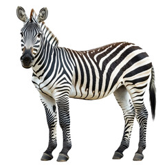 Fototapeta premium Majestic young zebra standing gracefully in its natural habitat in Africa, Young beautiful close up zebra Africa animal isolate die cut stand on White background in zoo