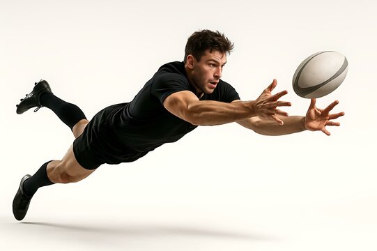 Rugby Player Making a Diving Catch: Action Shot