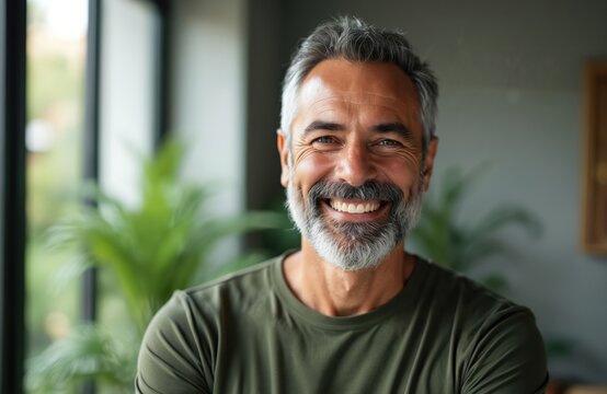 Mature, smiling man with grey beard posing in modern home. Happy person with gray hair, positive emotion. Middle-aged male enjoying life with good wellness. Indoor portrait.