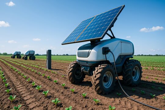 AI in agriculture, Autonomous solar farming robot charging in crop field &ndash; perfect for sustainable agri-tech ad