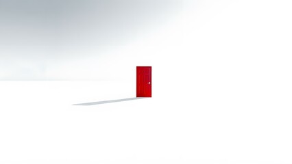 A solitary red door stands in an endless white space, symbolizing opportunity and the journey ahead.