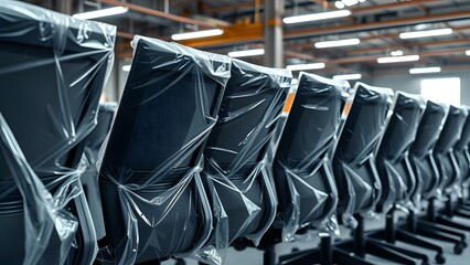 Packed office chairs ready for distribution and storage in a modern industrial setting.