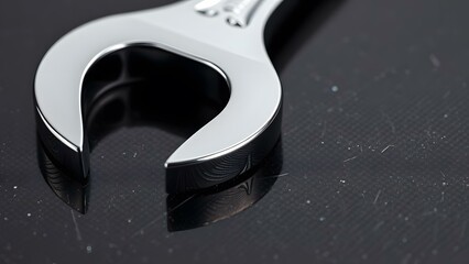 A closeup of a shiny metal wrench reflecting on a smooth surface, showcasing craftsmanship and precision in design.