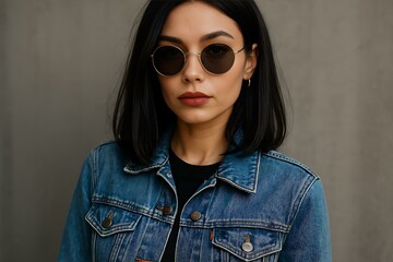 Stylish Woman in Denim Jacket and Round Sunglasses: Fashion Portrait Photography