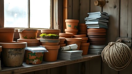 Fototapeta premium A cozy workspace filled with terracotta pots, gardening tools, and natural elements creates an inviting atmosphere.
