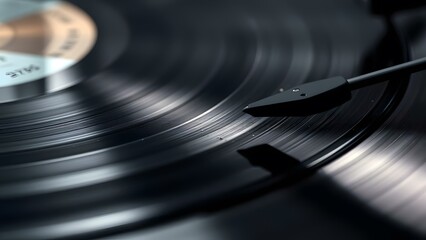 A close-up view of a spinning vinyl record on a turntable, capturing the essence of retro music culture.