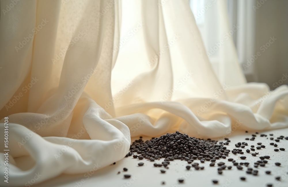 Poster delicate ivory fabric drapes with small, dark seeds. soft, smooth cloth texture creates contrast. ab