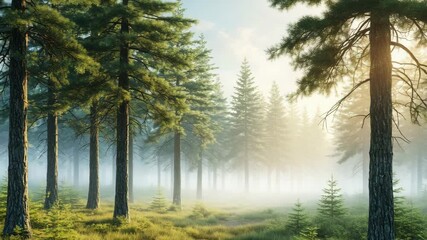 Peaceful pine forest covered in morning fog with sun rays streaming through. Ideal for meditation, calm visuals, and forest therapy. - Powered by Adobe