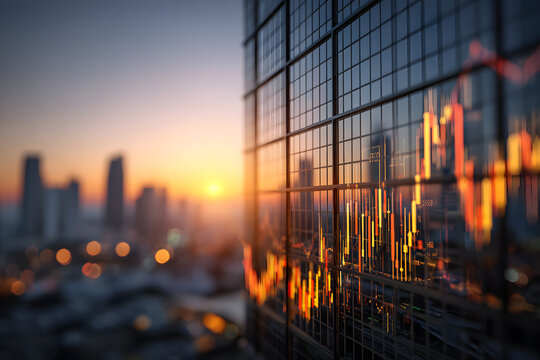 City skyline with stock market graph reflected on building at sunset - Powered by Adobe