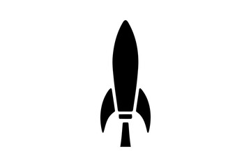 A silhouette of a rocket ship against white space