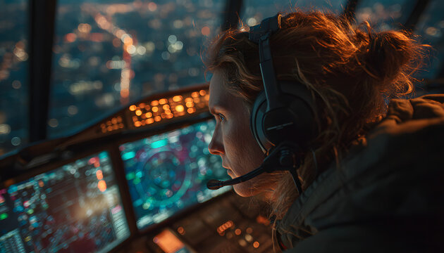 Air traffic controller in headset manages communications in airport tower. Pro works with multiple desktop screens displaying navigation flight data. Modern tech, teamwork, aviation. Evening city