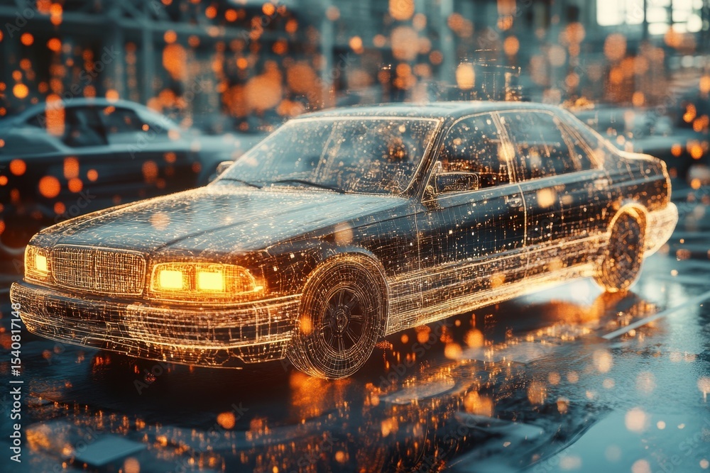 Aufkleber data processing visualizes car dynamics in an urban setting with glowing effects, data processing ov