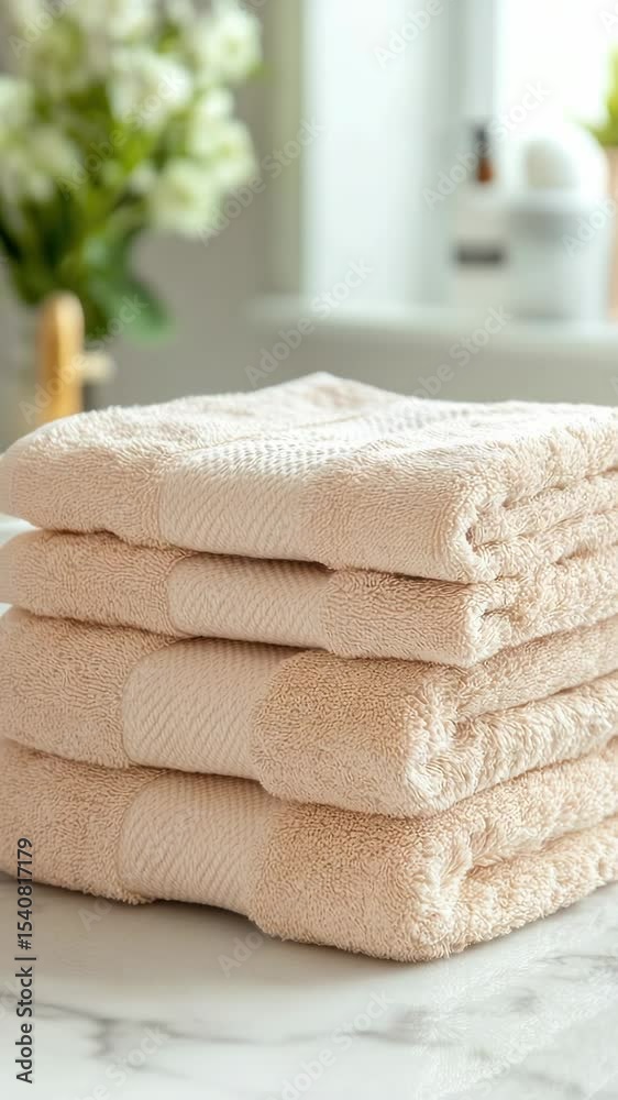 Poster a collection of towels arranged neatly on a kitchen or bathroom counter, perfect for use as a prop i