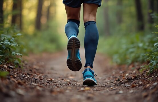 Runner legs with compression sleeve running on forest trail. Male athlete in motion, sporty shoe. Jogging in nature, athletic training, fitness activity, healthy lifestyle.