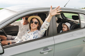Travel car. Family trip countryside vehicle. Parents daughter outdoor road summer.