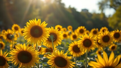 Obraz premium A vibrant field of sunflowers bathed in sunlight evokes feelings of joy and warmth in nature's beauty.