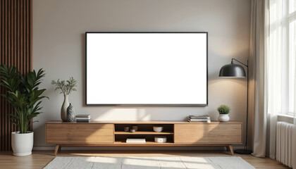 Modern living room TV screen mockup. White blank display mounted on wall. Wooden cabinet with decor items. Minimalist interior design with window, lamp, plants. Comfortable home space, blank canvas