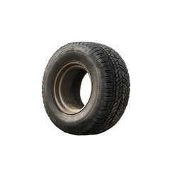 Naklejka premium Old tire rests along a dusty dirt road under a clear white sky, tire sitting on the side a dirt road, Transparent background