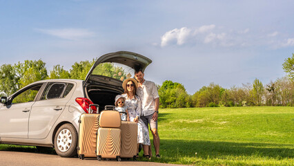 Family in car. Man woman child traveling. Summer adventure road smile.