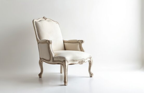 Vintage armchair with distressed white paint finish set against clean bright white background. Elegant antique chair creates simple stylish composition. Home interior, studio shot isolated on white.