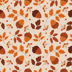 Autumn seamless pattern with leaves, acorns and berries. Perfect for fall themed backgrounds, textile designs or wrapping paper. Vector Illustration.
