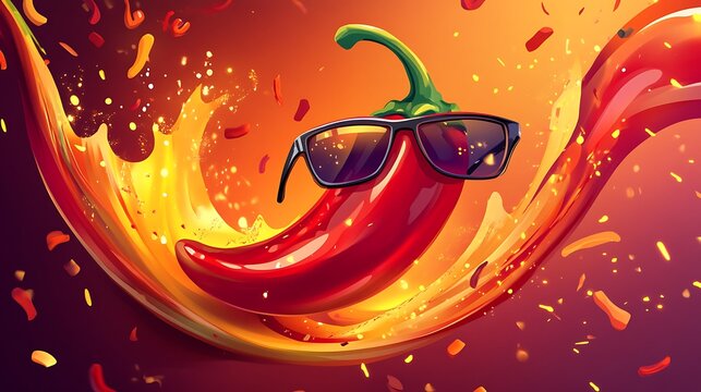 Vibrant cartoon chili pepper with cool sunglasses riding a salsa wave, surrounded by spicy illustrated sparks 