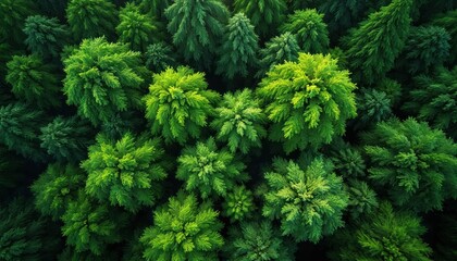 Fototapeta premium Aerial view dense green forest canopy. Lush tree tops, environmental nature pattern. Natural background, wallpaper, freshness eco theme. Greenery texture.