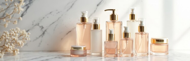 Collection of elegant glass cosmetic bottles on white marble background. Luxury skincare products in various shapes, gold caps. Stylish display, beauty salon promo concept. Floral decoration in