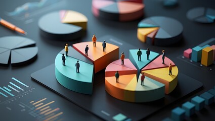 Colorful pie charts display market segmentation analysis. Demographic icons represent various customer groups within distinct market sectors. Data visualization tech clearly shows consumer behavior