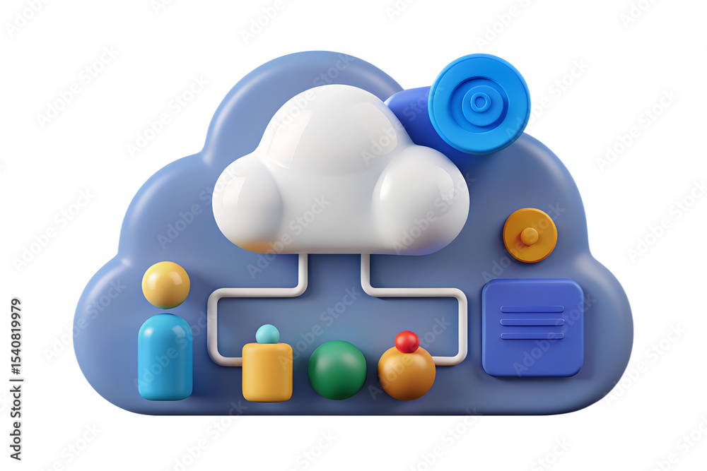 Poster 3d render of cloud computing network infrastructure with data storage and analytics