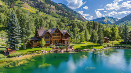 Obraz premium A luxurious log cabin sits atop rolling Colorado hills, surrounded by green grass, trees, and a sparkling lake—capturing the serene, photo-realistic cabincore lakehouse vibe...