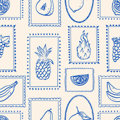 Fruits summer hand drawn seamless pattern.  Sketch drawing. Dragon fruit, pineapple, citrus, banana, apple, grape, lemon. Vector illustration.