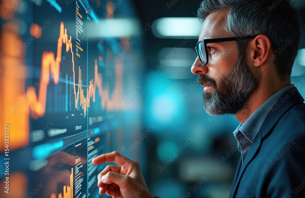 Poster Man analyzing charts. Businessman working with data. High-tech screen with financial statistics. Data science, finance, investment, trading, business analytics, market research. Modern technologies,