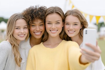 Young diverse women smiling and taking selfie outdoors at a gathering event