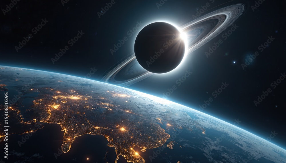 Poster dynamic view planet earth during eclipse. city lights outline continents under shadowed hemisphere. 