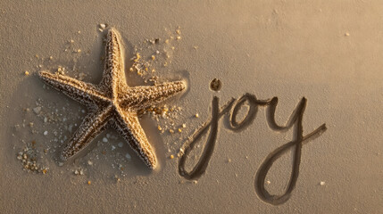 Beach starfish with the word "joy" written in the sand