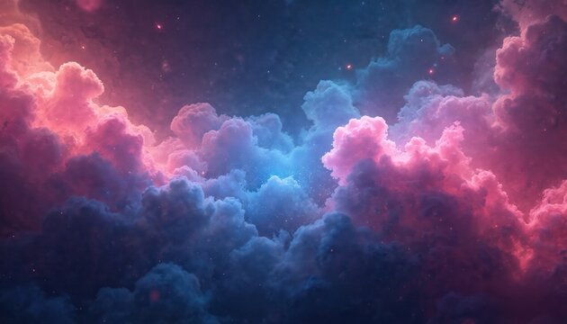 Abstract illustration features pink blue cosmic clouds with glowing particles. Fantasy backdrop, dreamy artistic design, celestial space artwork, colourful background. Vibrant colour palette.