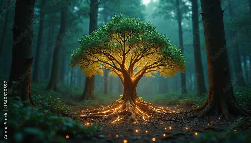 Poster ai illustration tree with luminous circuitry branches. artwork growth in tech digital world, nature 