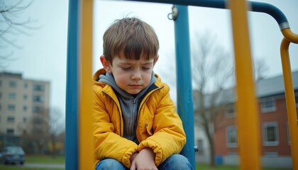 Sad boy alone on school playground. Child faces bullying problems. Young student portrait of sadness loneliness. Social issues, depression, mental health, child psychology concepts.