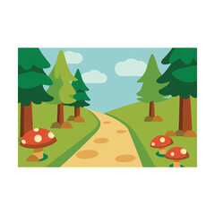 Obraz premium Green landscape illustration with trees, grass, and a bright summer sky