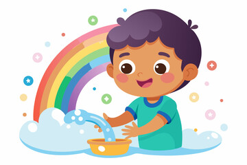 Naklejka premium Little child smiling and washing hands under rainbow waterfall of glowing drops, against white background with soft glow