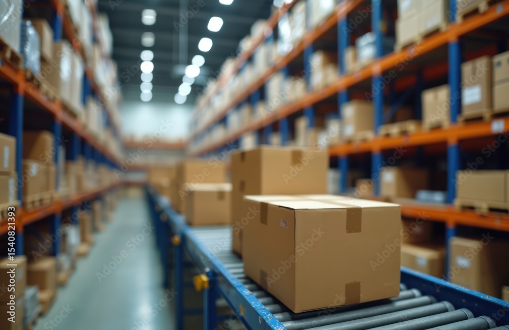 Poster cardboard boxes move on conveyor belt. warehouse fulfillment center, e-commerce delivery. automation