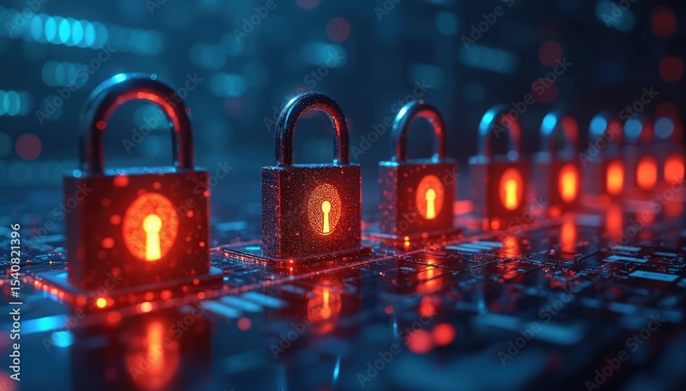 Poster Cyber data protection concept. Illuminated padlocks on circuit board. Digital security, information safety, cyber crime prevention, data encryption, network security, privacy in cyberspace.
