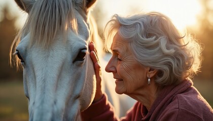 Elderly woman gently touches white horse, forming bond in tranquil outdoor setting. Senior lady in affectionate moment, experiencing animal therapy, friendship, leisure, support. Concept of