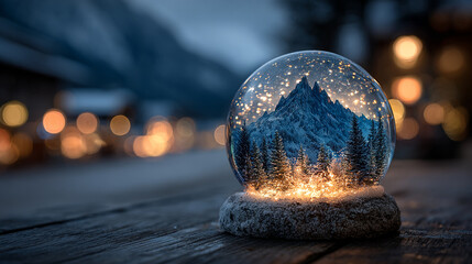 A snow globe with a mountain and trees inside of it.