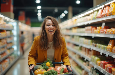 Young excited woman shopping at supermarket. Happy customer buying groceries at hypermarket store. Female client with trolley cart chooses fresh products. Food shopping, consumerism.