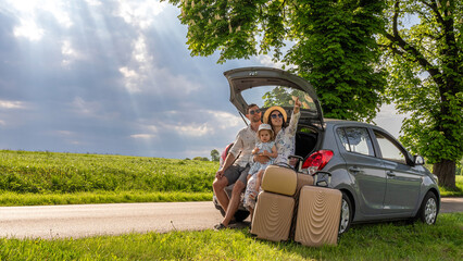 Child in car. Family vacation trip road. Seat travel freedom summer.